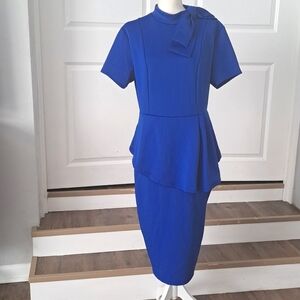 PerZeal Bodycon 8" Sleeve Ruffle Pencil Blue Dress w back Zipper XL NWT